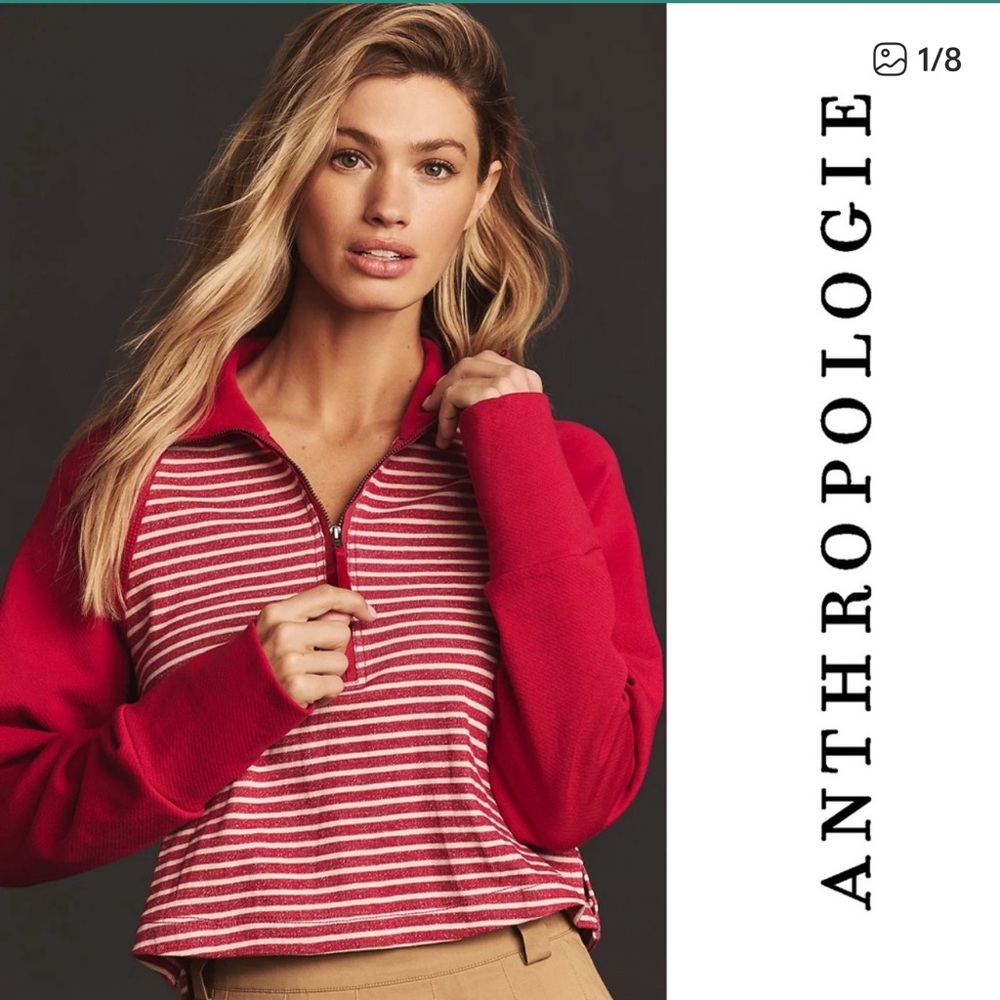 Anthropologie Pilcro Collared Half Zip Pullover Stripe Top Pink White Size M